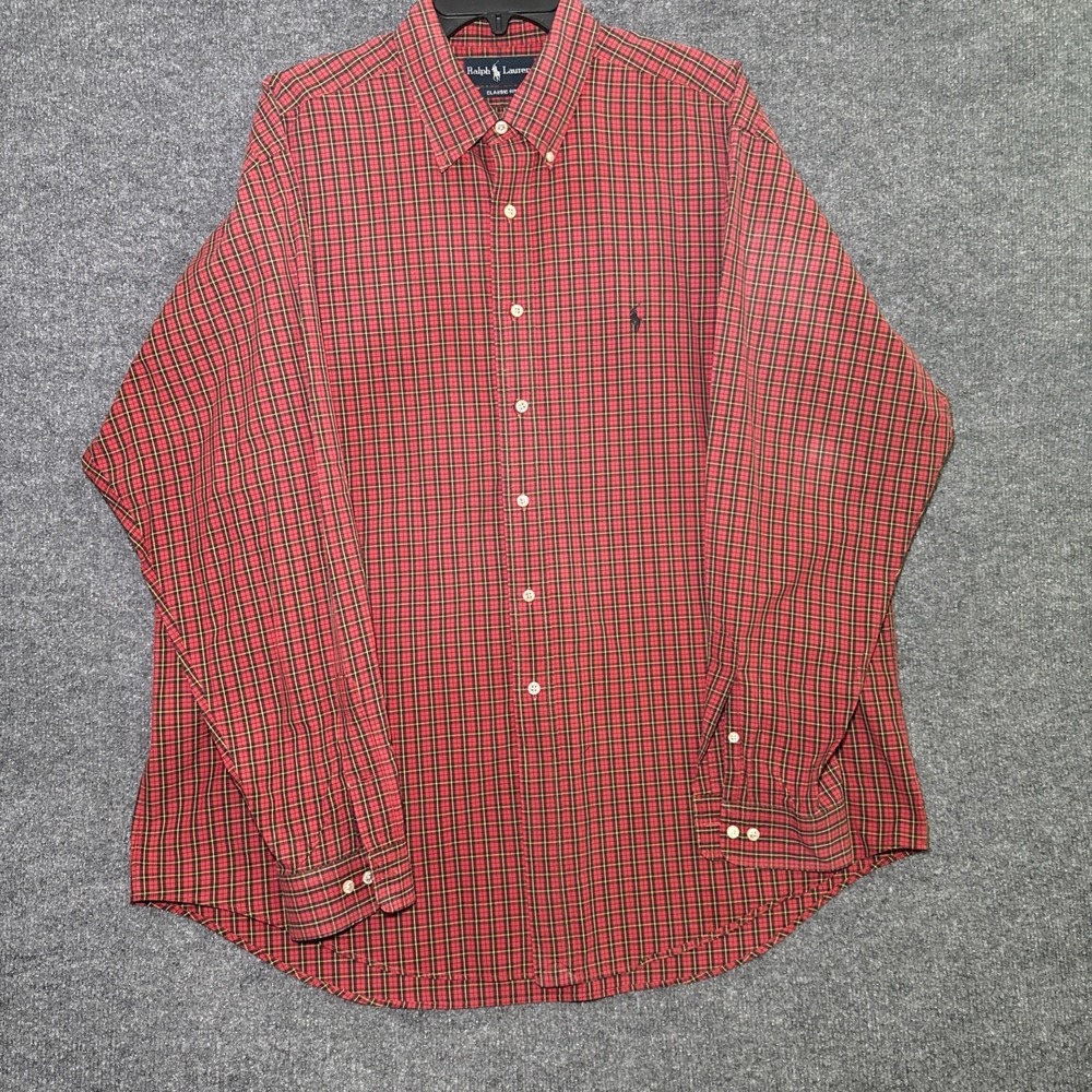 Ralph Lauren Yarmouth Red Green Button Up Long Sleeve Shirt Men's 17 1/2 XL